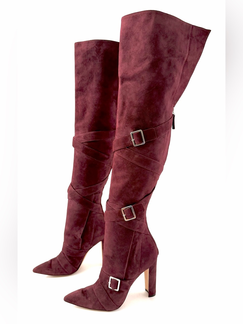MANOLO BLAHNIK | Josimhi Burgundy Suede Thigh High OTK Buckle Heel Boots EU 40